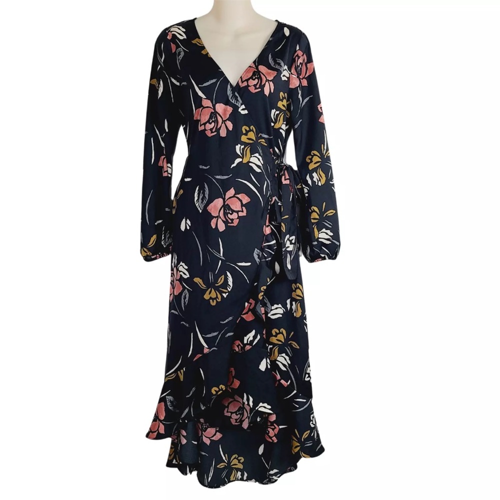 NWT Saltwater LUXE Tia Wrap Midi Long Sleeve Black Floral Design Dress 
Size S